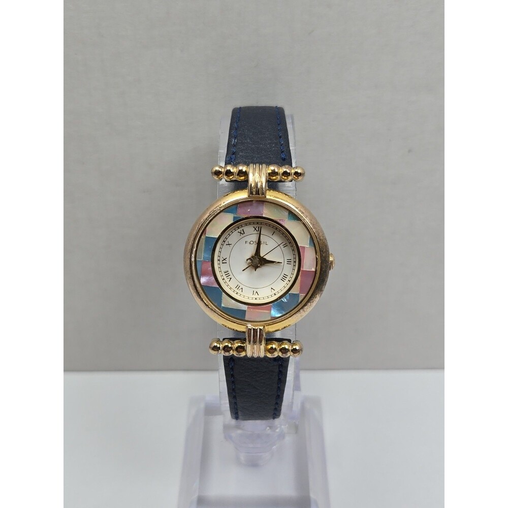 Vintage Fossil Womens Prism Mother Of Pearl Mosaic Watch Gold Tone New Battery